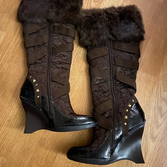 Baby Phat Brown Fur-Trimmed Wedge Boots - Picture 2 of 3